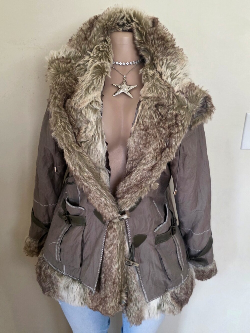 Montanaco Fur Trim Taupe Hooded Coat - Women